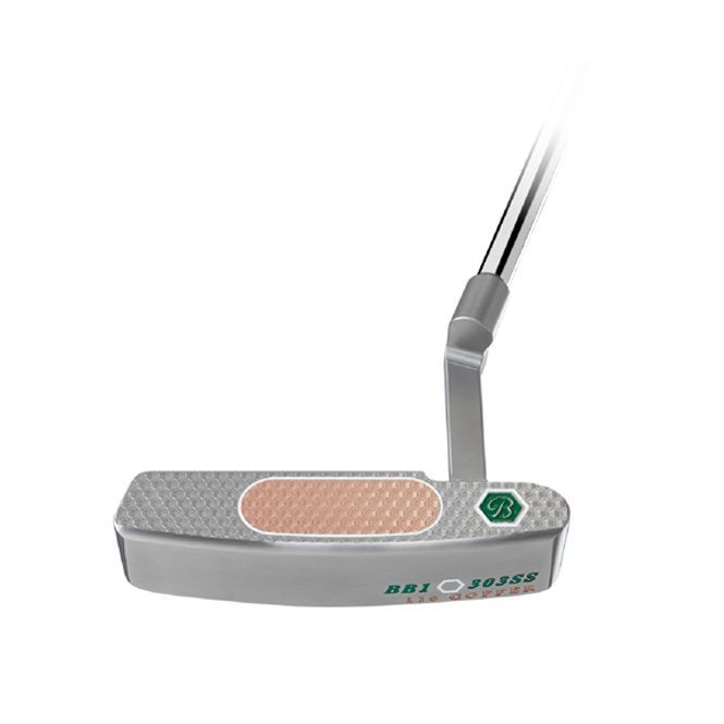 A close up of a putter on a white background
