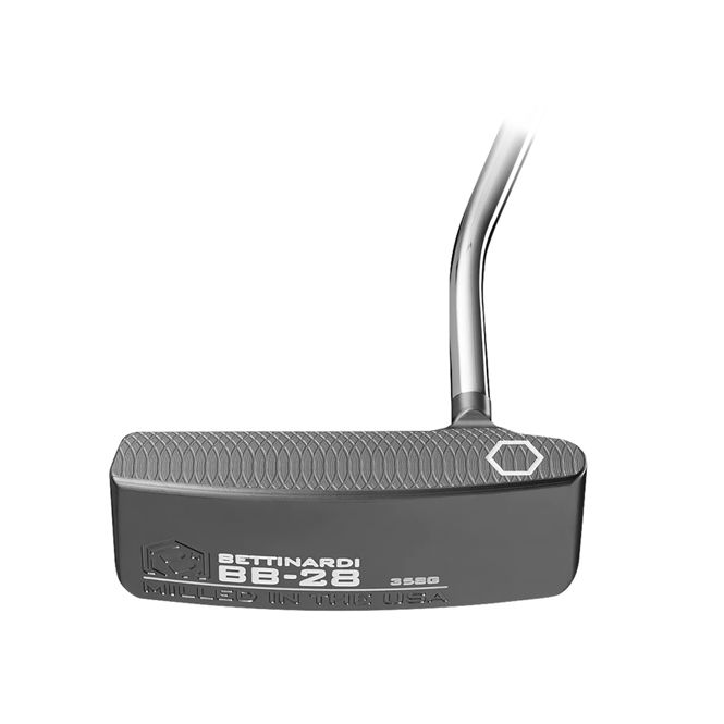 A black putter with a chrome handle on a white background.