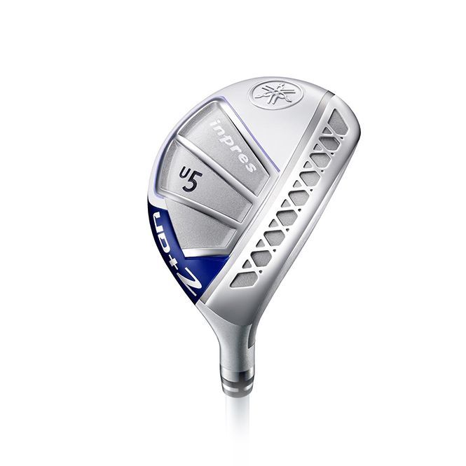 A close up of a golf club on a white background.