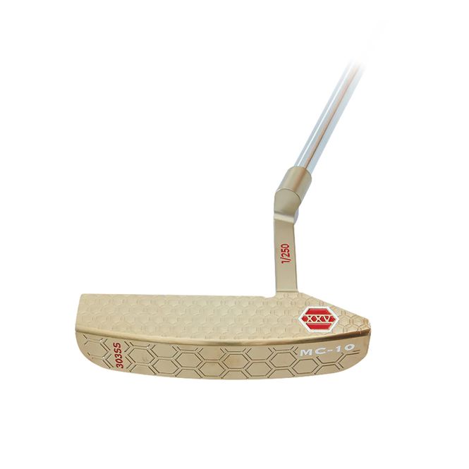 A close up of a golf putter on a white background
