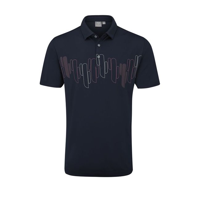 A black polo shirt with a logo on the front on a white background.