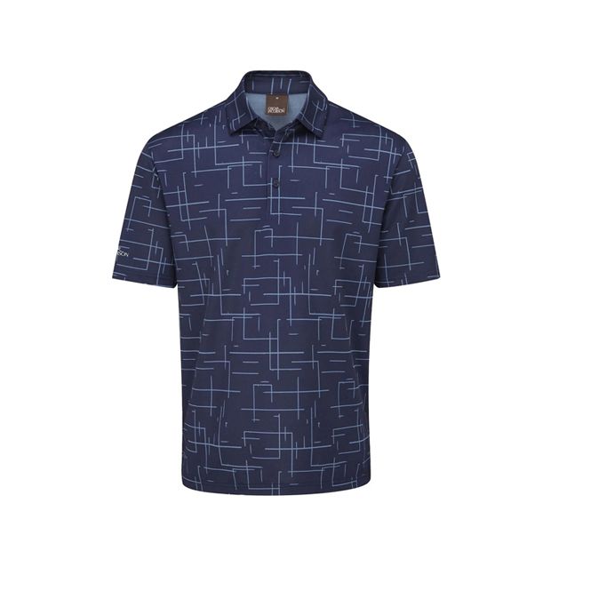 A blue shirt with a pattern on it is on a white background.