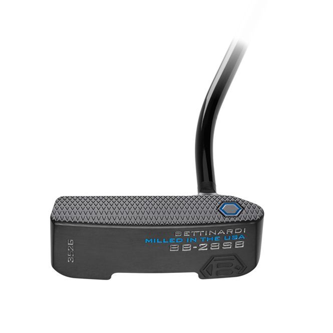 A black putter with a blue logo on it