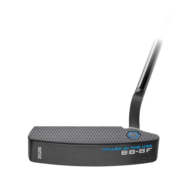 A close up of a golf putter on a white background.
