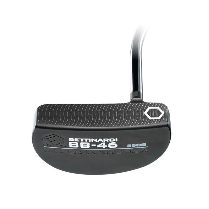 A black putter with a black handle on a white background.