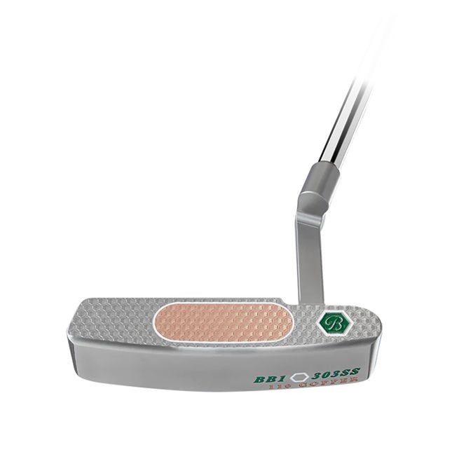 A close up of a golf putter on a white background.