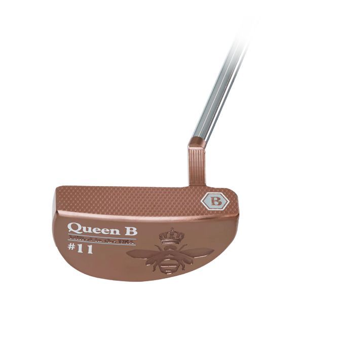 A close up of a queen b putter on a white background.