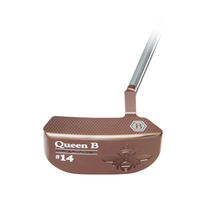 A brown queen b # 14 putter on a white background