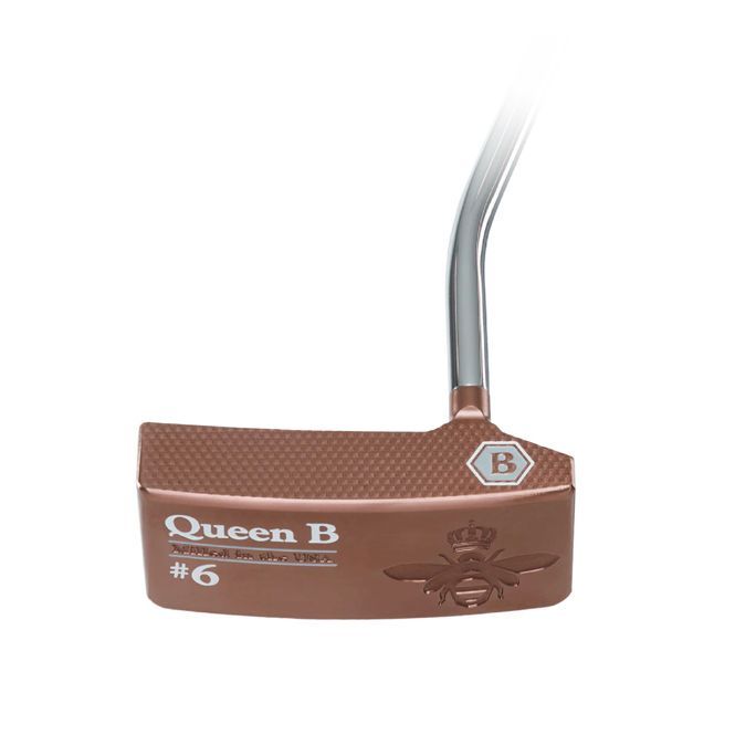 A brown golf putter with a silver handle on a white background.