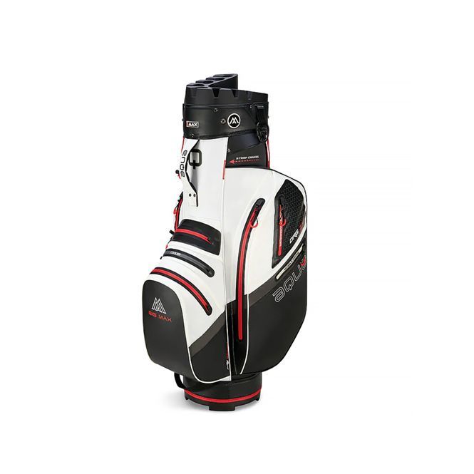 A white , black and red golf bag on a white background.
