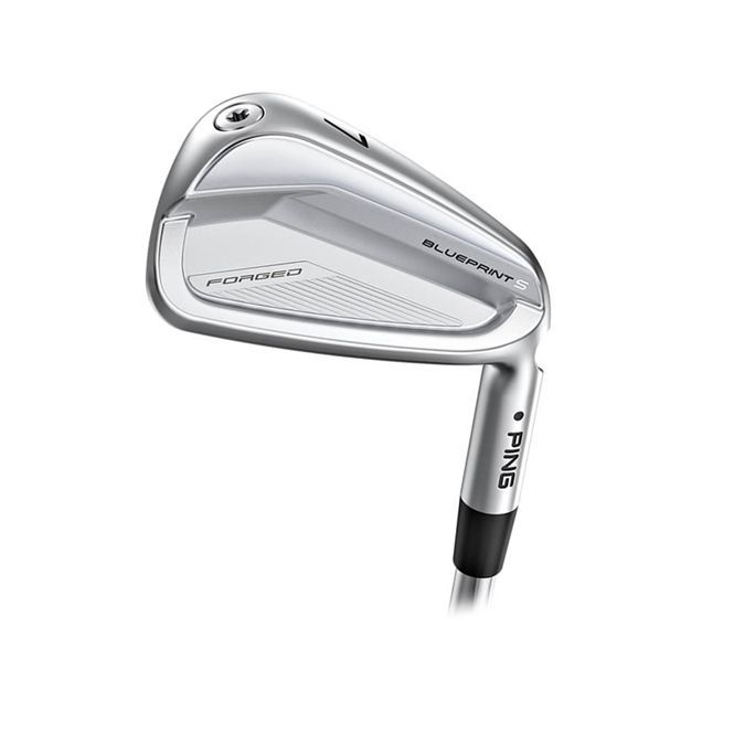 A close up of a golf club on a white background.