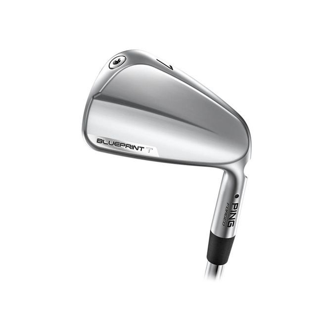A close up of a golf club on a white background.