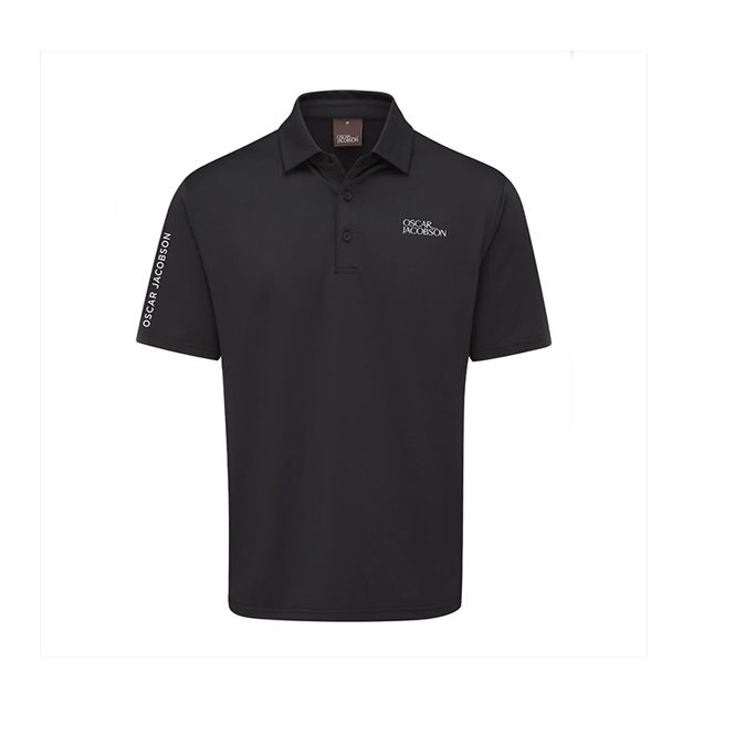 A black polo shirt is on a white background.