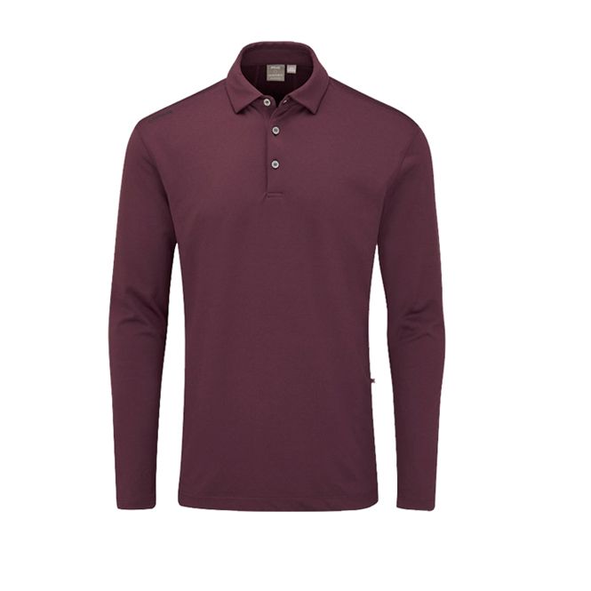 A maroon polo shirt with long sleeves on a white background