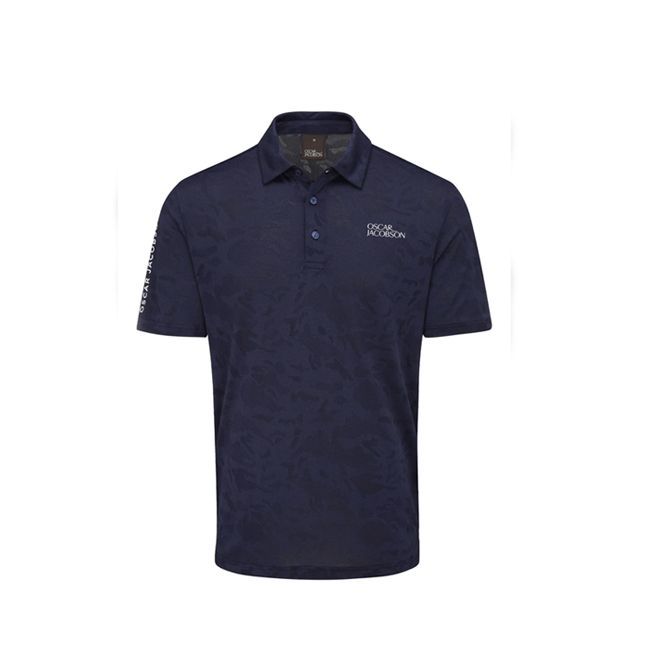 A blue polo shirt with a logo on the sleeve