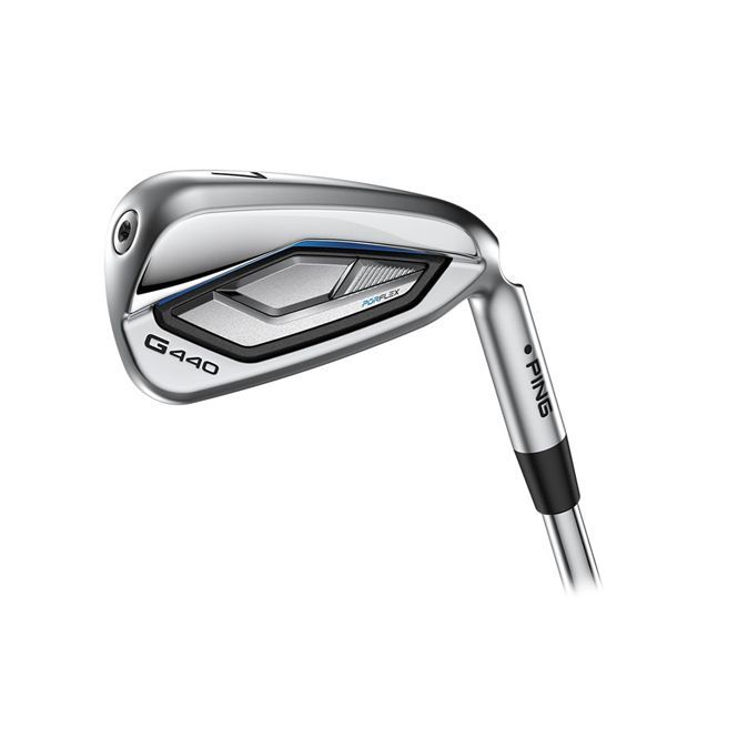 A close up of a golf club on a white background.