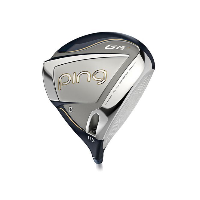 A close up of a ping golf club on a white background