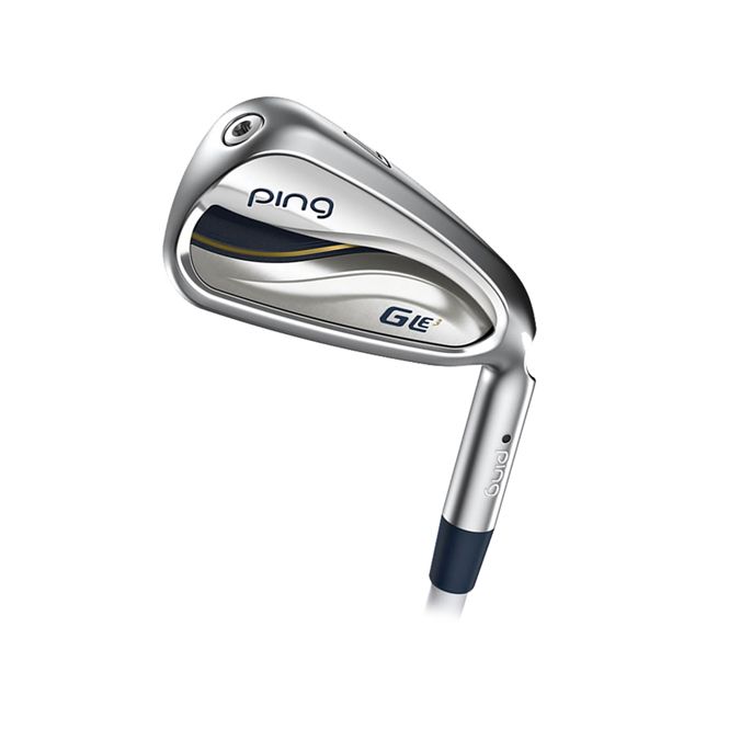 A close up of a golf club on a white background.
