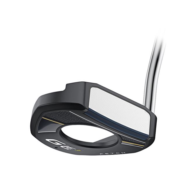 A close up of a putter on a white background.