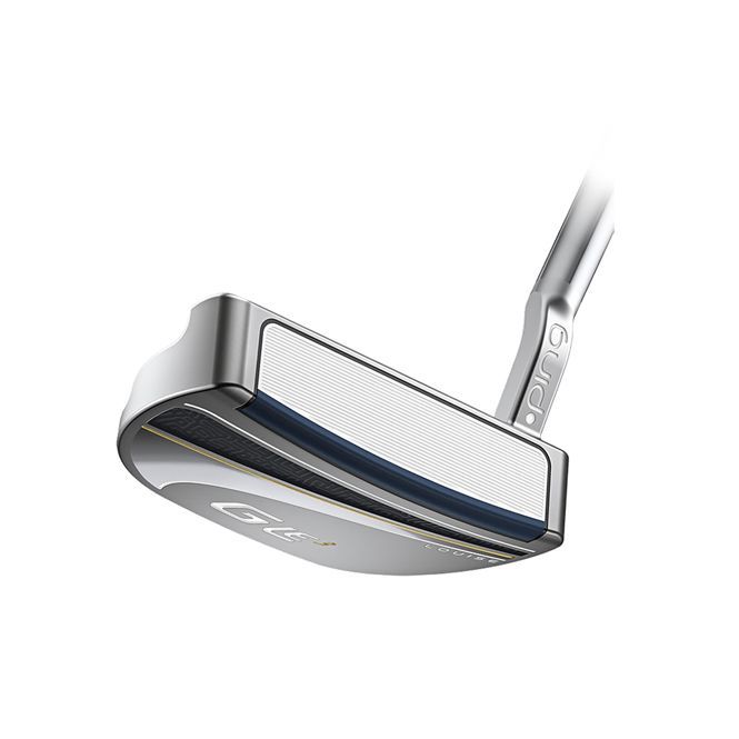 A close up of a putter on a white background.
