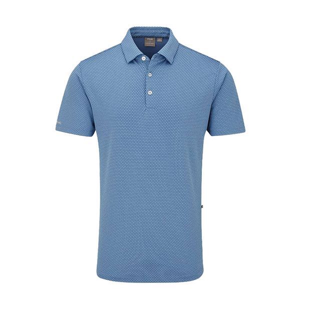 A blue polo shirt with a pattern on it is on a white background.