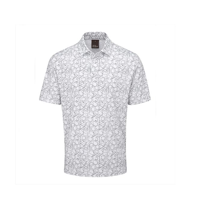 A white shirt with a pattern on it is on a white background.