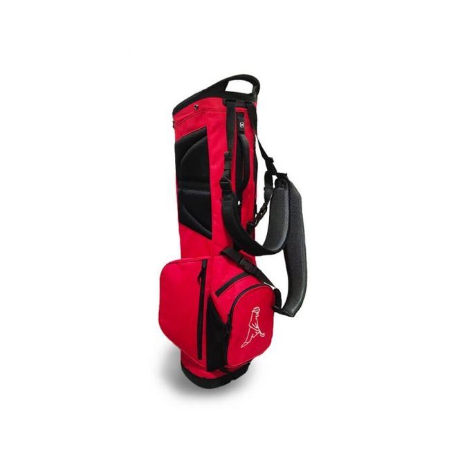 A red and black golf bag with the letter a on it