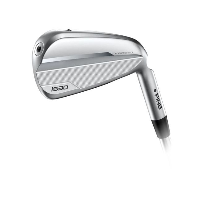 A close up of a golf club on a white background.