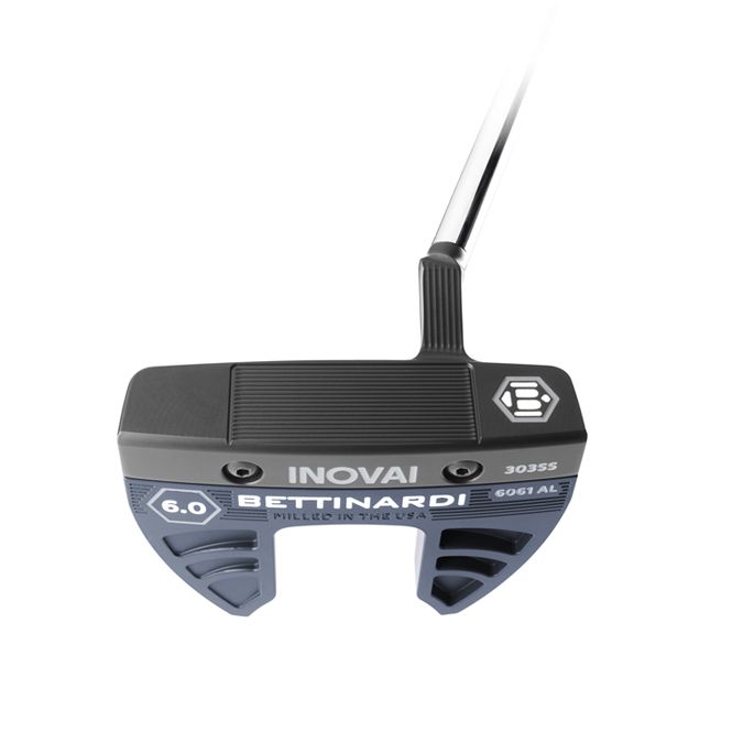 A close up of a putter on a white background.