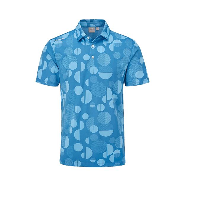 A blue shirt with white polka dots on it