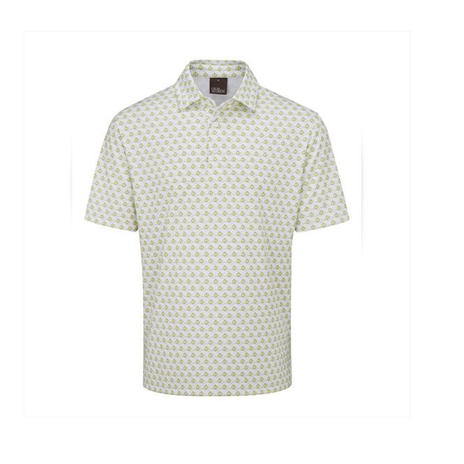 A white polo shirt with a pattern on it is on a white background.