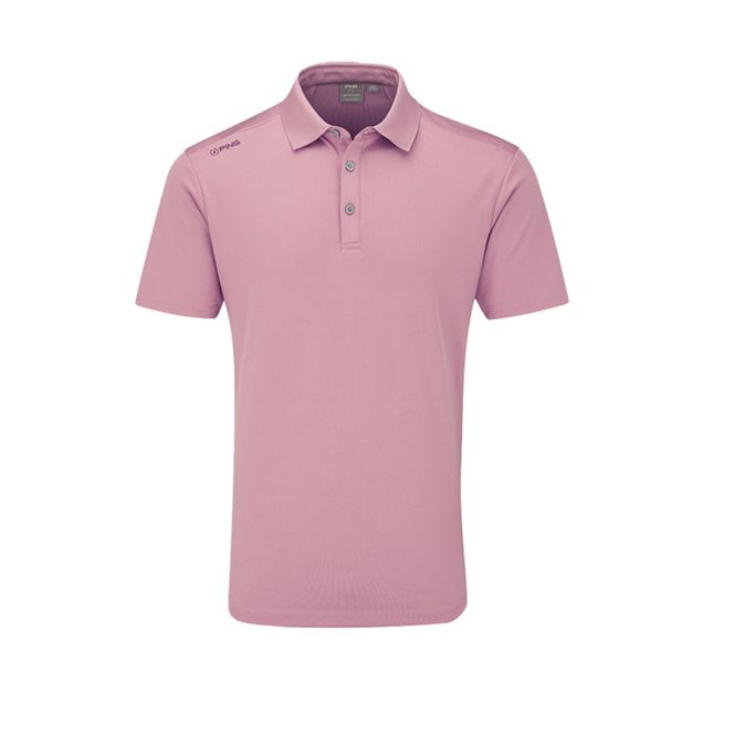 A pink polo shirt is on a white background