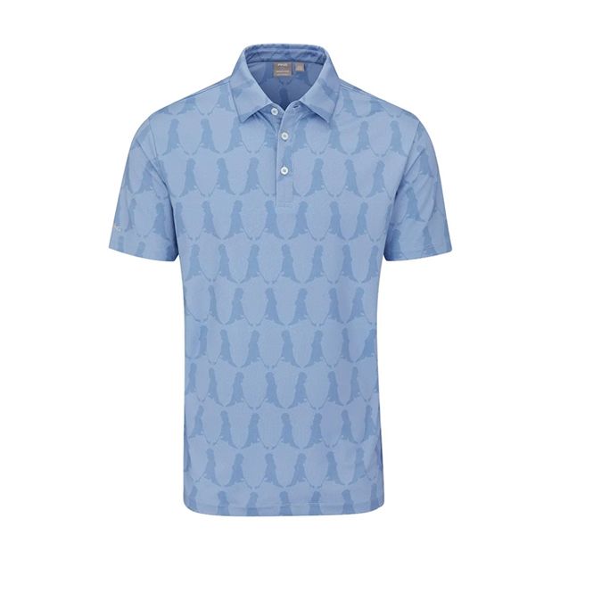 A light blue polo shirt with a pattern of penguins on it.