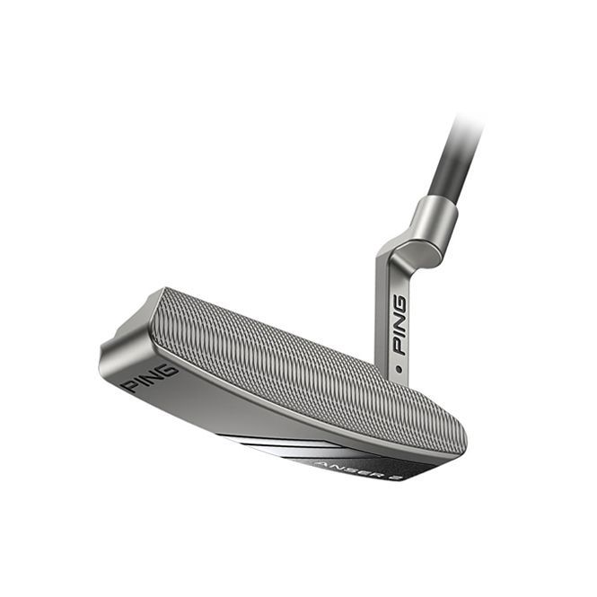 A close up of a ping putter on a white background