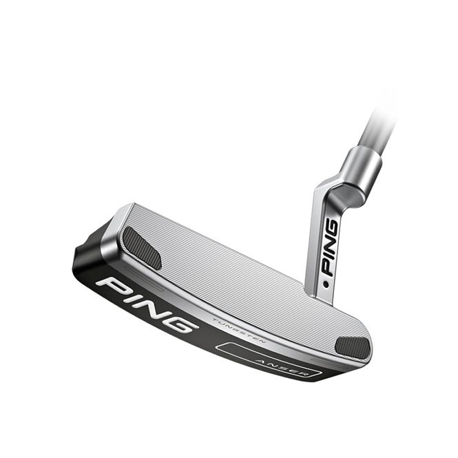 A close up of a ping putter on a white background