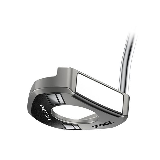 A close up of a putter on a white background.
