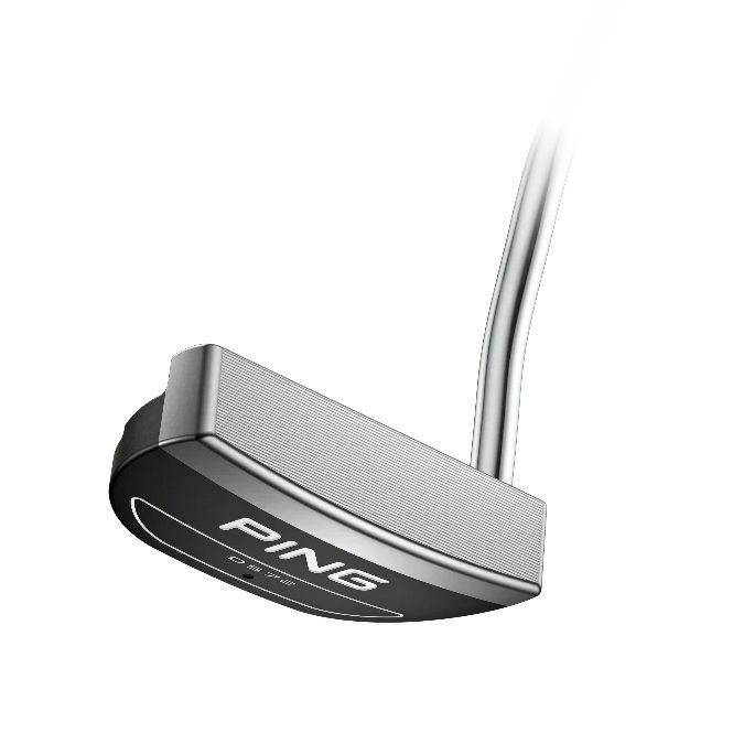 A close up of a ping putter on a white background.