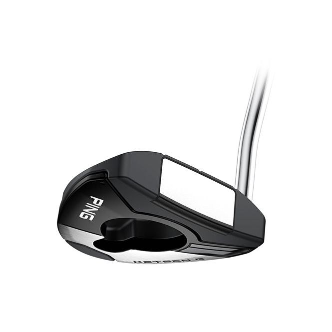 A close up of a ping putter on a white background.