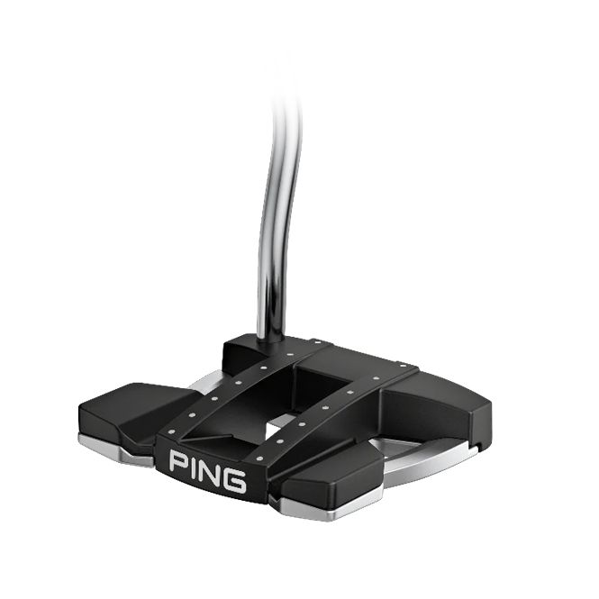 A black and white ping putter on a white background.