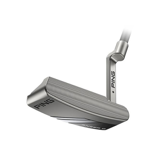 A close up of a ping putter on a white background