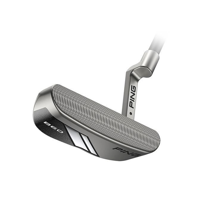 A close up of a ping putter on a white background