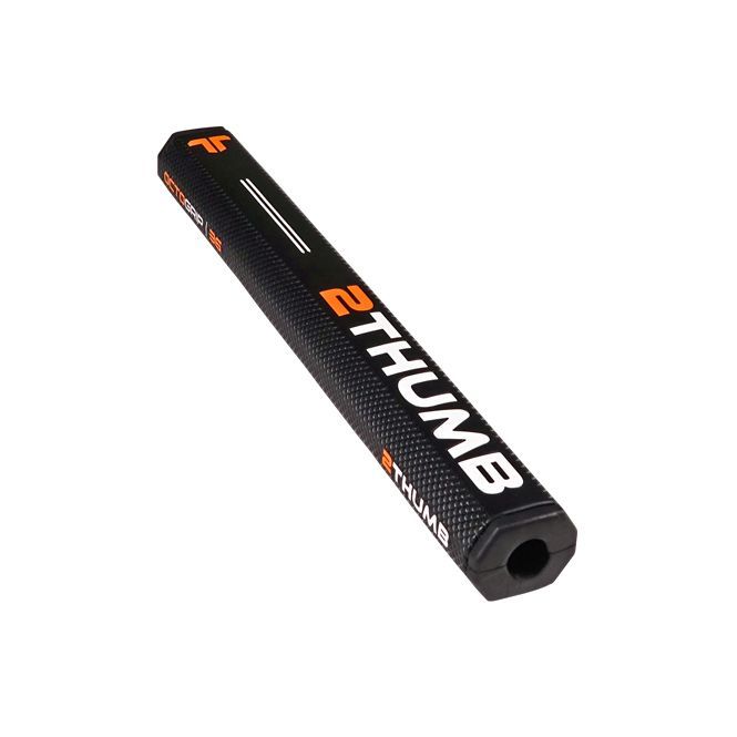 A black and orange golf putter with the word thumb on it