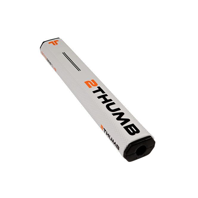 A white and orange golf putter with the word thumb on it