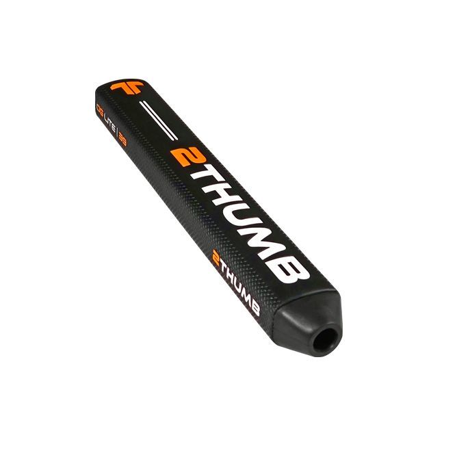 A black and orange thumb stick on a white background
