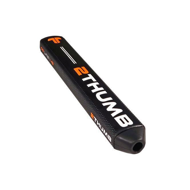 A black and orange thumb stick on a white background