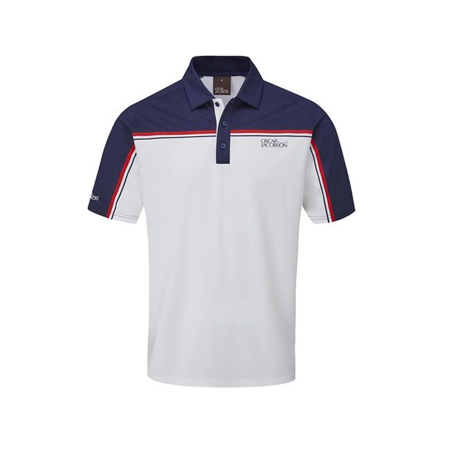 A white polo shirt with a blue and red stripe on the sleeves.