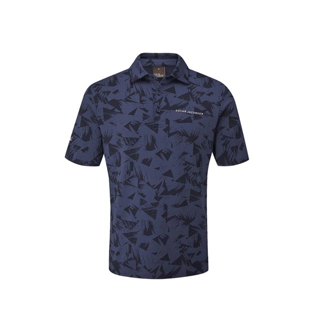 A blue polo shirt with a pattern on it