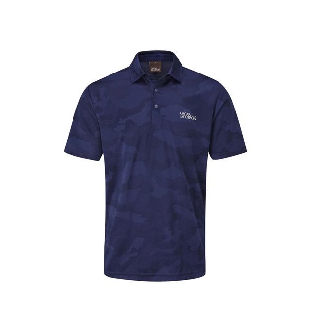 A blue polo shirt with a white logo on the front