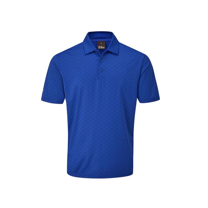 A blue polo shirt is on a white background