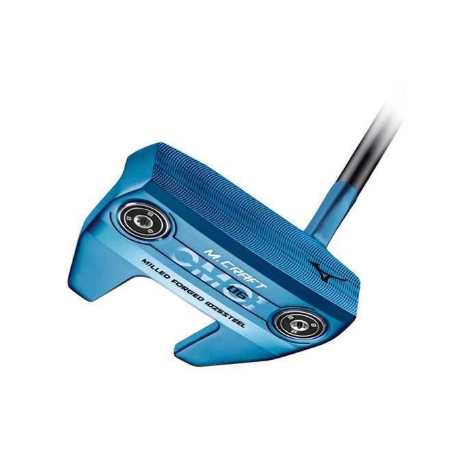 A close up of a blue putter on a white background